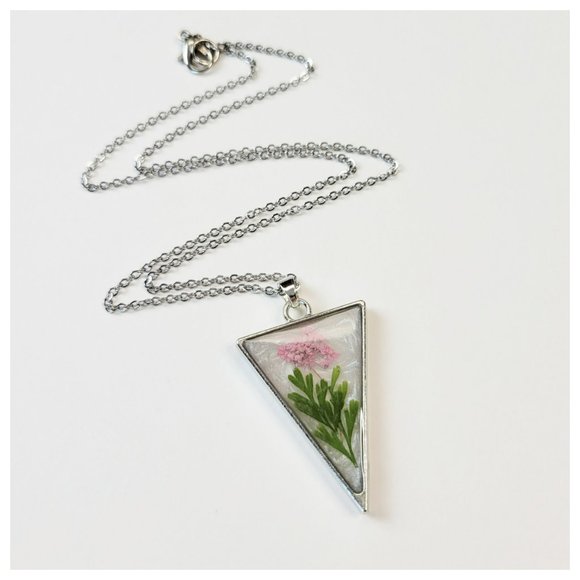 Floral Pendant Necklace Pastel Pink Green and Pearl White Pressed Dried Flowers - Picture 4 of 10